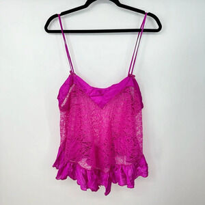 Pink Vintage Plus Size Lacey Satin Bow Spaghetti Strap V Neck Lingerie Top